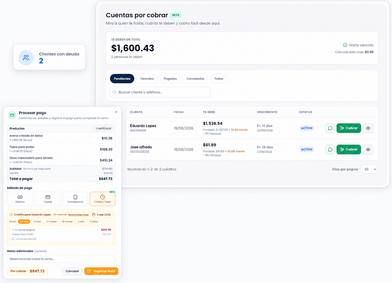 Pantalla de cuentas por cobrar de Ontaz Stock: total que te deben, lista de clientes con su saldo y fecha de vencimiento, y el registro de una venta a crédito.