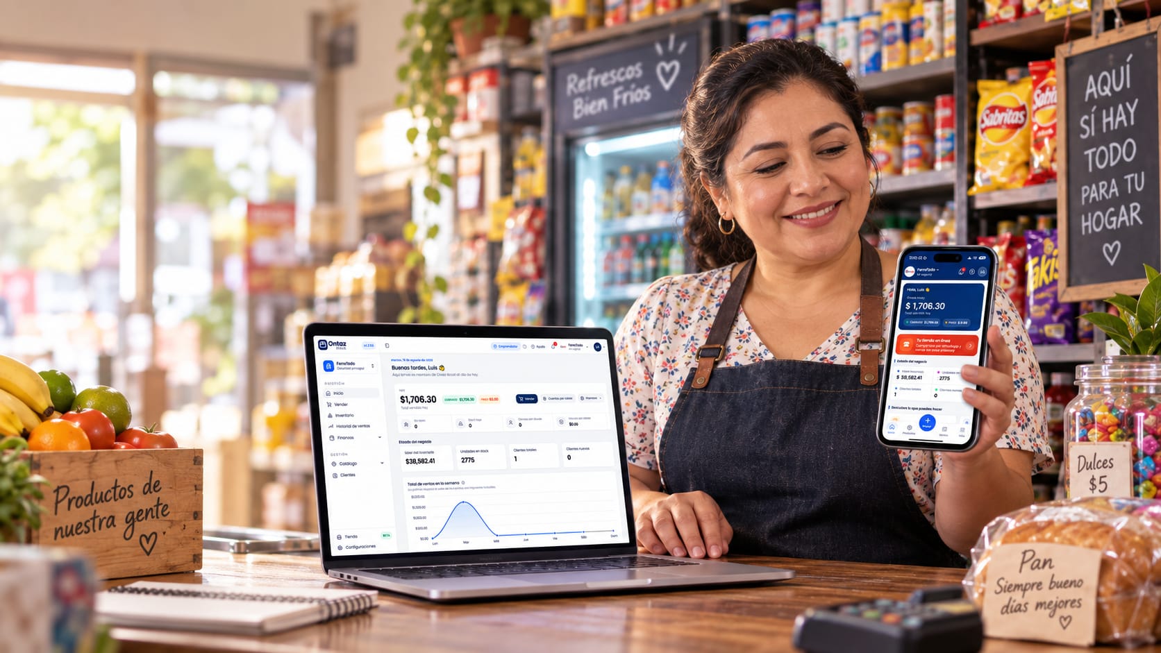 Dueña de una tienda de abarrotes en su mostrador, con Ontaz Stock abierto en una laptop y el resumen de ventas del día en su celular.