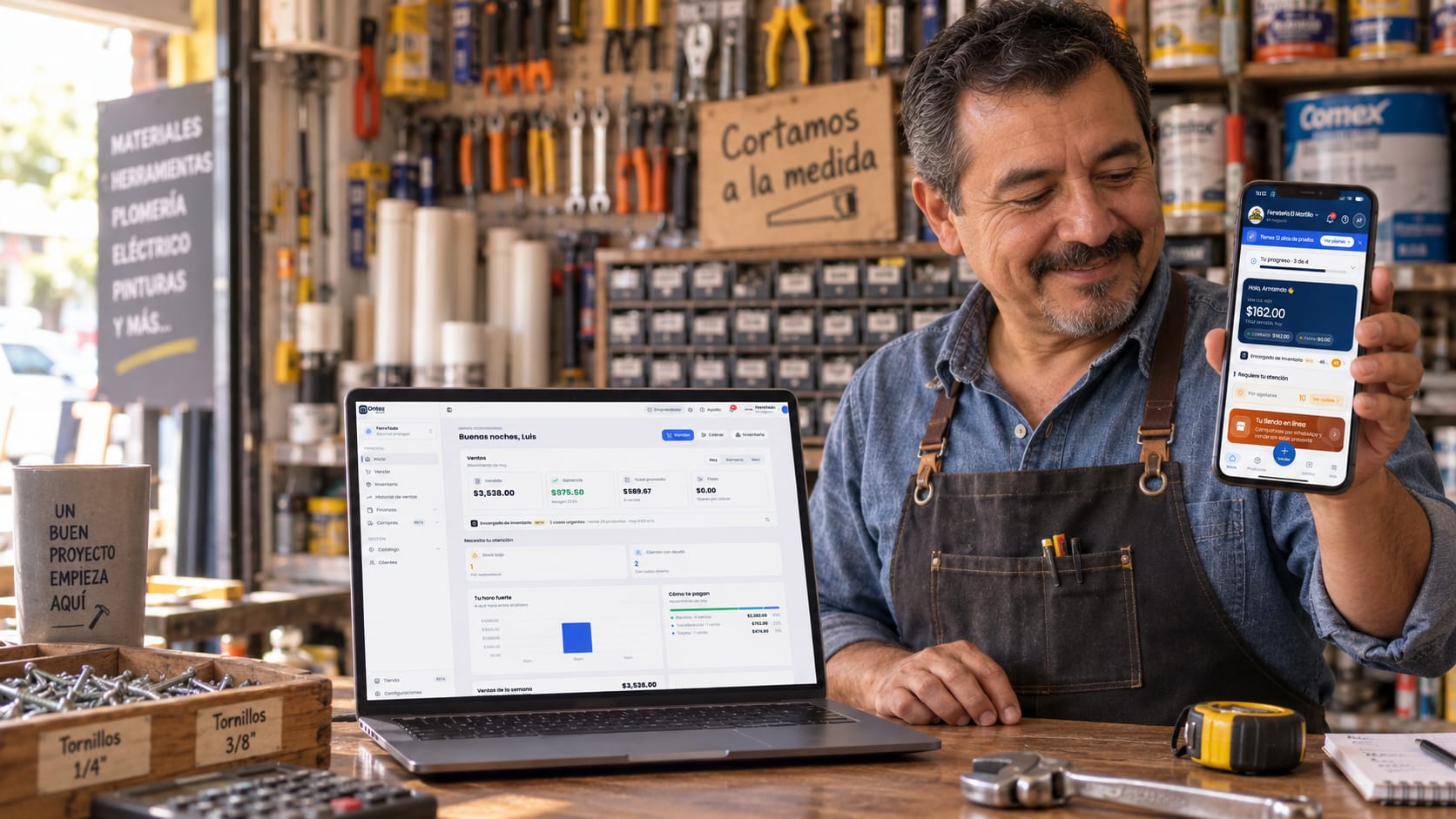 Dueño de una ferretería en su mostrador, con Ontaz Stock abierto en una laptop y el resumen de ventas del día en su celular.