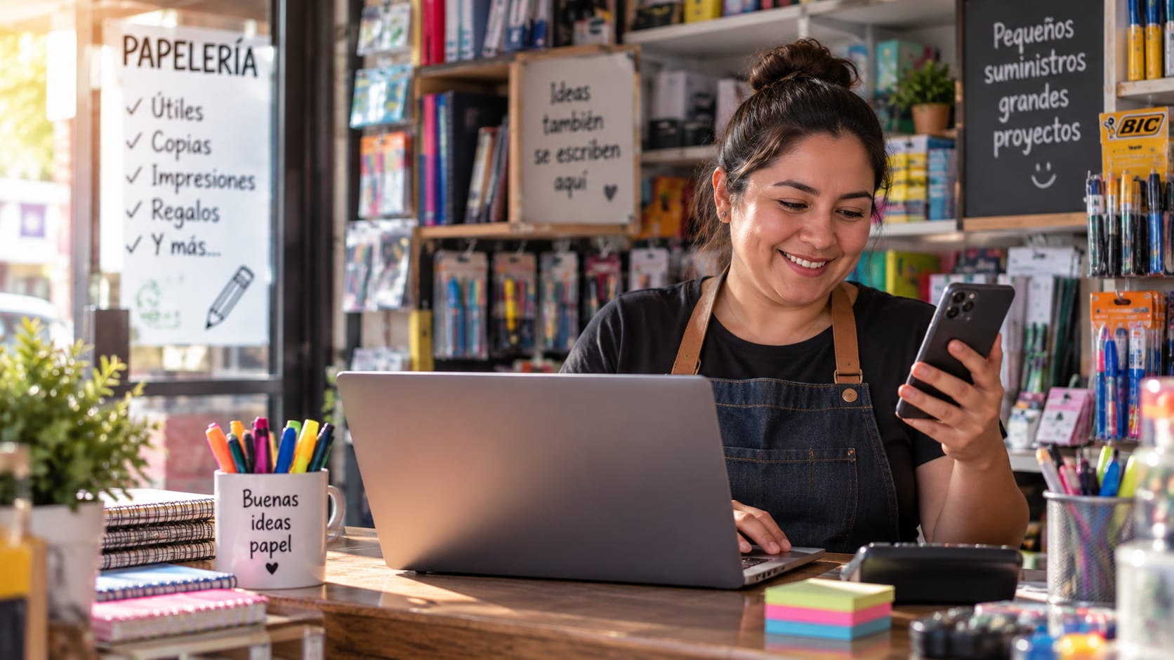 Dueña de una papelería trabajando en su mostrador con una laptop y su celular, rodeada de exhibidores de material escolar.